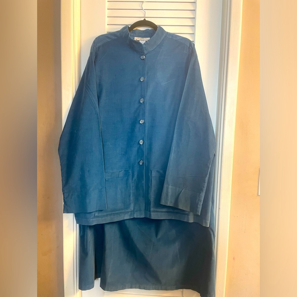 Orvis Rare Vintage Shirt (2x) Skirt (3X) Set,Slate Blue. Mandarin Collar,Pockets